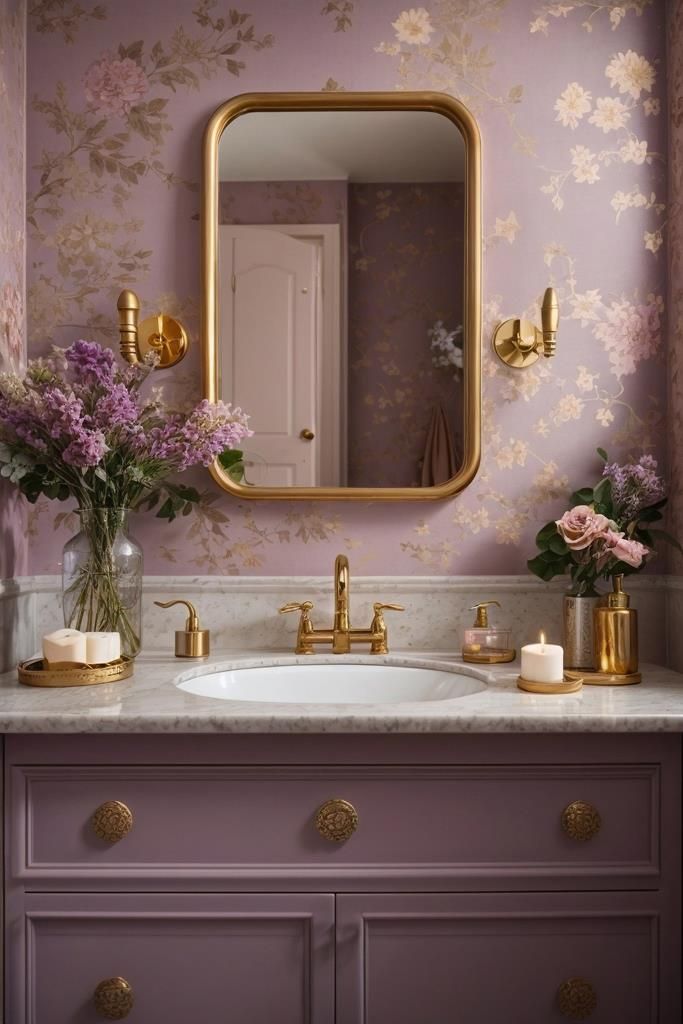 a bathroom with purple and gold wallpaper, white counter top and two golden faucets