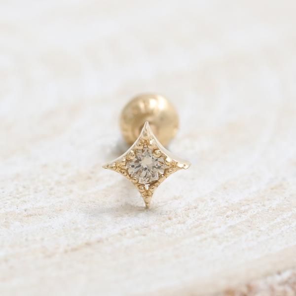 14K 18K Solid Gold 0.03ct Genuine Cognac Diamond Accent Tiny Milgrain Rhombus Diamond Shaped Ear Stud, Cartilage, Tragus, Helix, Conch, Lobe, Piercing Earring-16G, 18G/ 1qty Minimalist Gold Piercing With Diamond Cut, Minimalist Gold Diamond Cut Piercing, Minimalist Gold Piercings With Diamond Cut, Dainty Diamond Gold Piercings, Gold Celestial Internally Threaded Piercings, Gold Celestial Piercings With Internally Threaded Details, Gold Celestial Piercings With Internally Threaded, Gold Diamond Cartilage Earrings As Gift, 14k Yellow Gold Piercings For Wedding