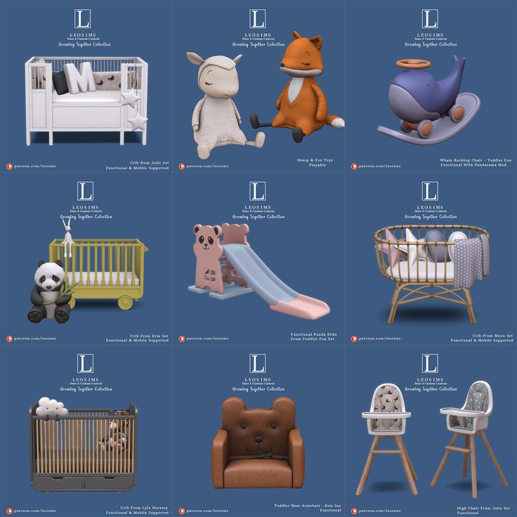 the baby's nursery furniture and toys are shown in this graphic style, including cribs