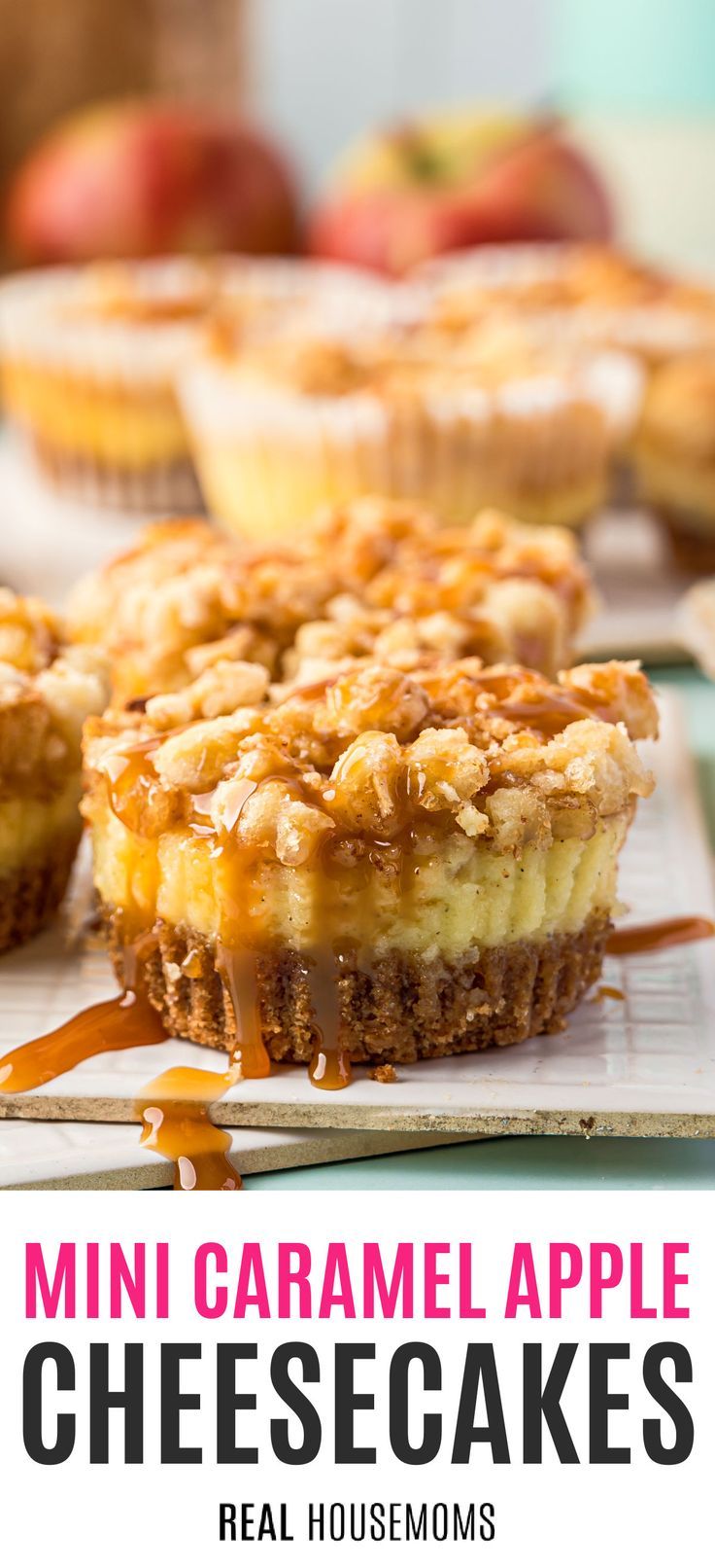 mini caramel apple cheesecakes are sitting on top of each other, with the title above it