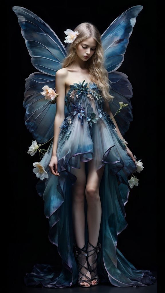 a woman in a blue dress with flowers on her wings