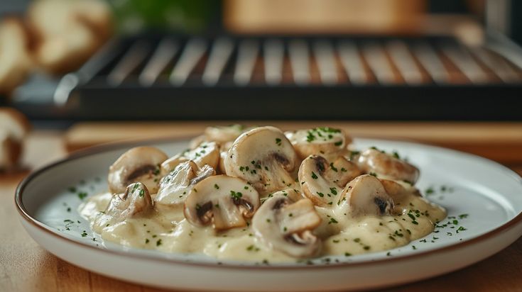 a white plate topped with mushrooms covered in gravy