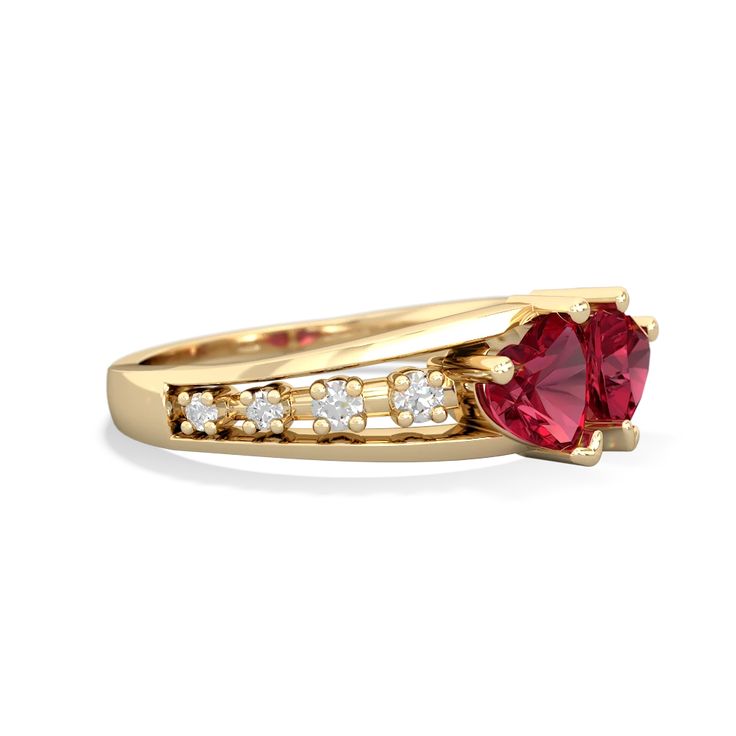 Two heart shaped gems, lab ruby and , are surrounded by .04 carats of diamonds in gleeming 14K Yellow Gold, for a contemporary look that is exquisite and sentimental. This stunning ring glistens with sparkling stones and a message of love. Choose any two gemstones, to represent you and your loved ones birthstones. Luxury Gold Heart Birthstone Ring, Luxury Gold Rings With Lab-created Ruby, Luxury Yellow Gold Ring With Lab-created Ruby, Garnet Heart, Ruby Heart, Heart To Heart, Tourmaline Jewelry, Garnet Jewelry, Gifts For My Wife