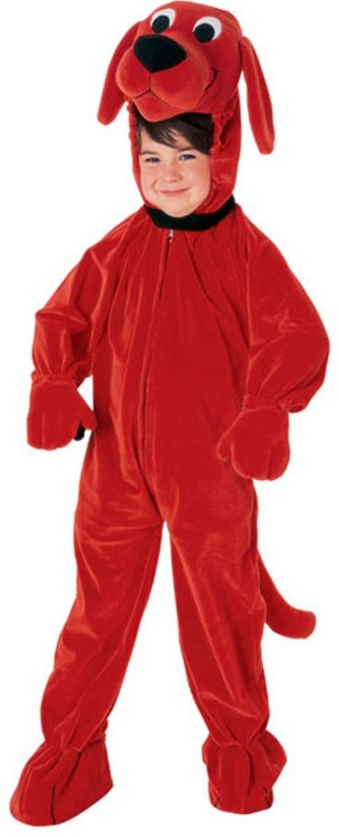 a child in a red dog costume is standing with his head turned to the side