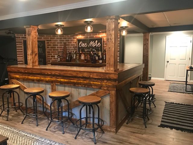 a bar with four stools in front of it