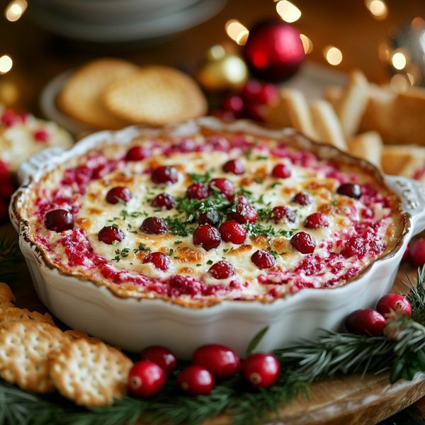 cranberry dip in a white dish surrounded by crackers and christmas decorations