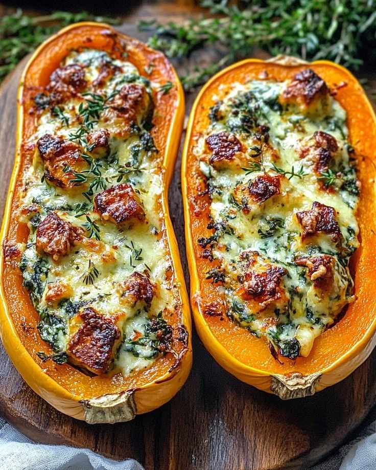 two stuffed butternut squash halves with cheese and herbs