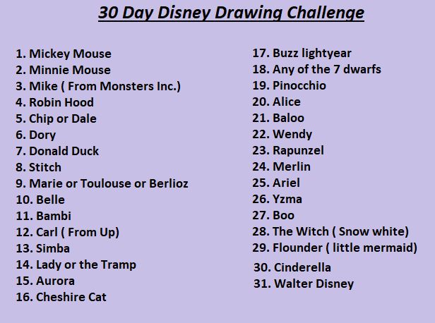 the 30 day disney drawing challenge is shown in purple and black, with an image of mickey