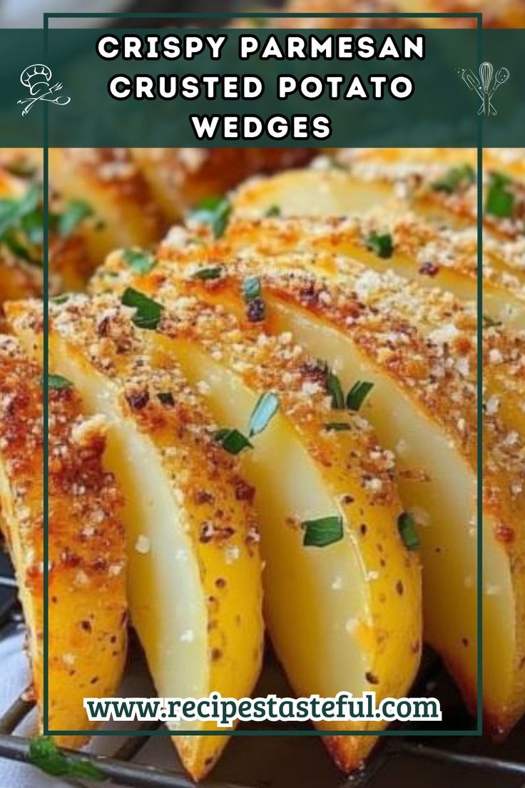 crispy parmesan crusted potato wedges on a cooling rack with text overlay