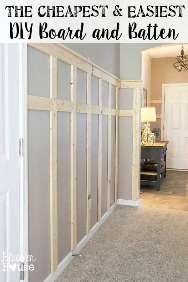 a hallway with the text how to build a cheap and easy diy board and batten wall