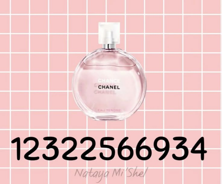 a bottle of chanel perfume sitting on top of a pink tile wall with the words, 1232325694