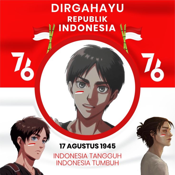 an anime poster with two men in front of a red and white banner that reads, dirogahayu republik indonesia