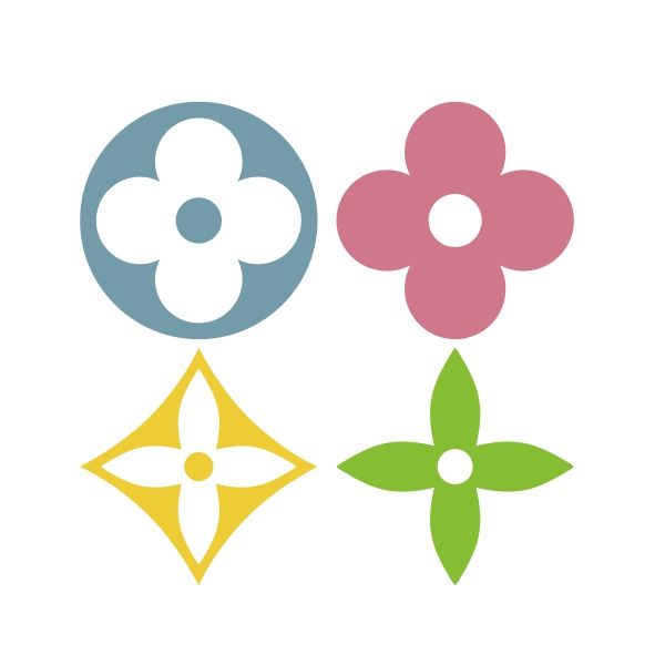 four different colored flowers are shown in this logo design, which includes three petals and two leaves