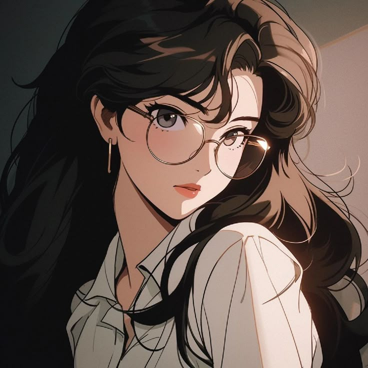 an anime character with long black hair and glasses on her face, looking at the camera