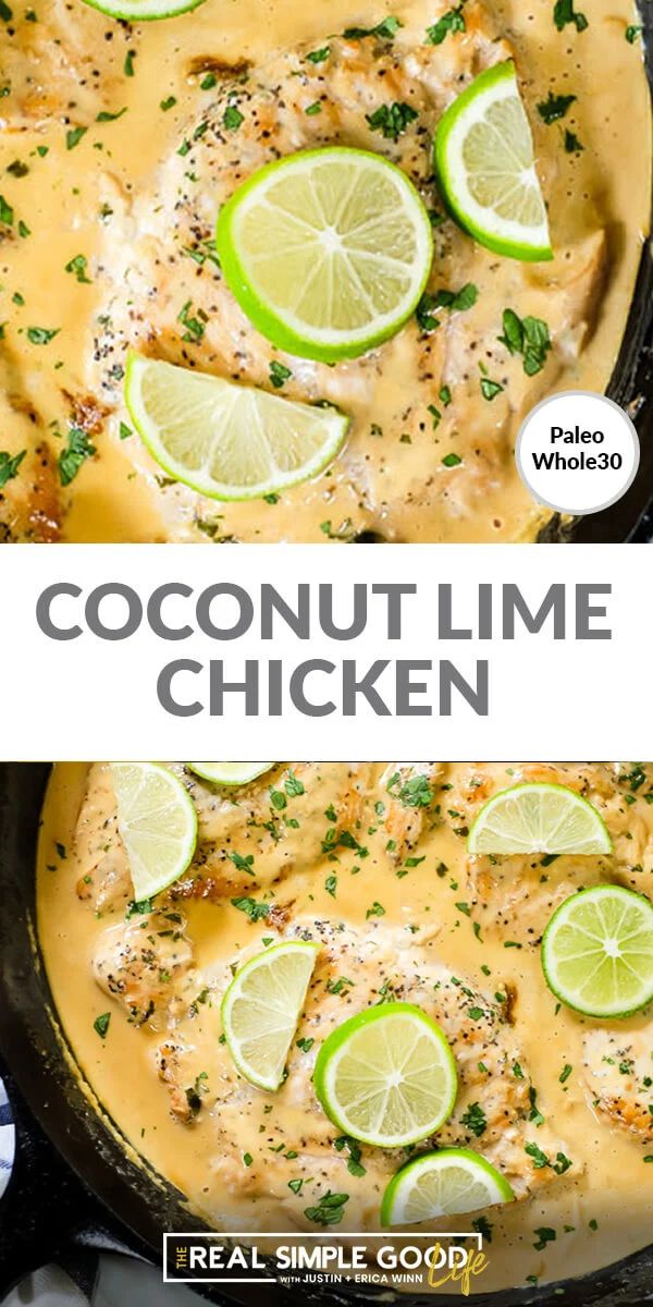 two images side by side showing chicken in coconut sauce with limes and parsley