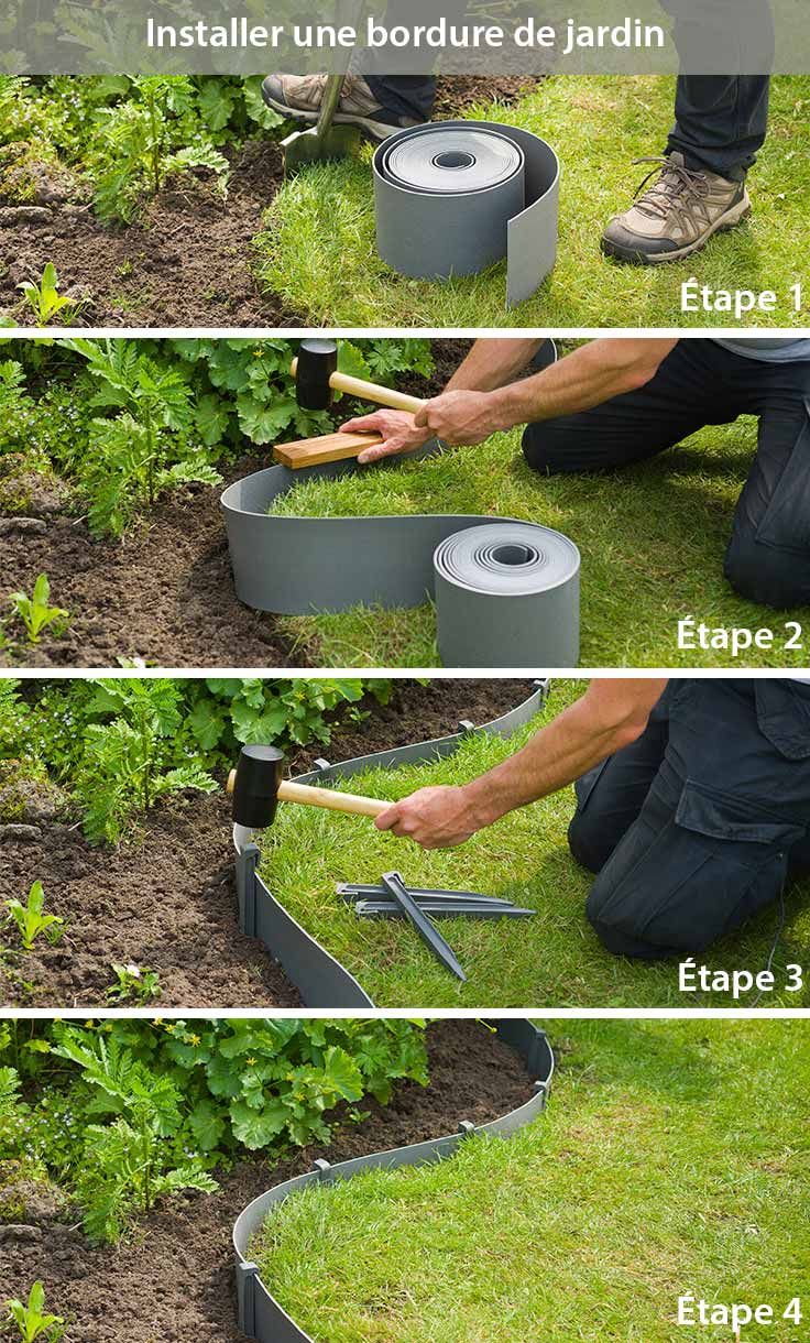 four pictures showing how to install a garden edging system