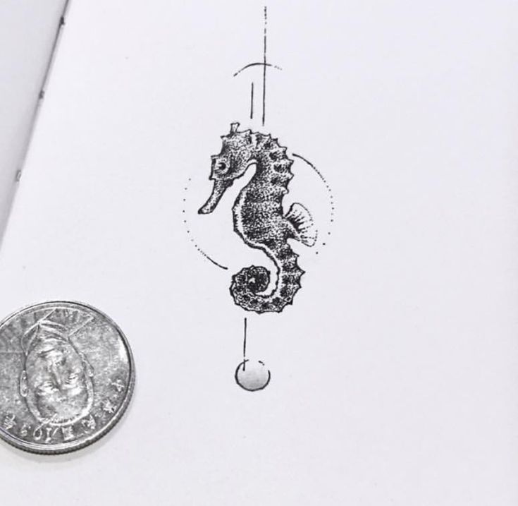 a coin sitting next to a drawing of a sea horse