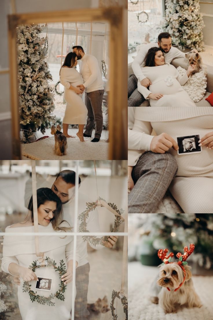 a couple and their dog are posing for pictures