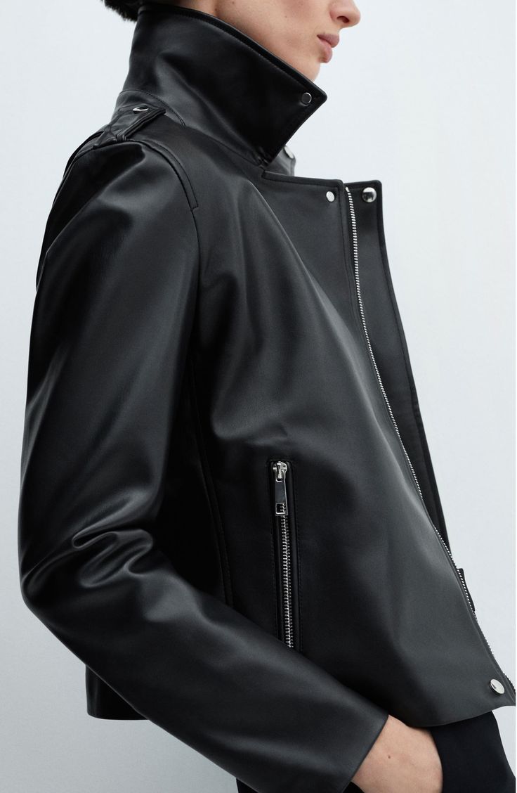 Rev up any look with this moto jacket crafted of faux leather and finished with gleaming hardware. Asymmetric zip closure Notched lapels Zip cuffs Front zip pockets Epaulets Lined 100% polyester with polyurethane coating Machine wash, line dry Imported Sleek Leather Jacket With Asymmetrical Zip For Fall, Sleek Leather Jacket With Asymmetrical Zip For Work, Edgy Asymmetrical Zip Leather Jacket For Work, Edgy Leather Jacket With Asymmetrical Zip For Work, Asymmetrical Zip Leather Jacket For Work, Chic Biker Jacket With Asymmetrical Zip And Side Zipper, Chic Biker Jacket With Asymmetrical Zip, Chic Leather Jacket With Asymmetrical Zip, Asymmetrical Zip Biker Jacket With Zip Cuffs