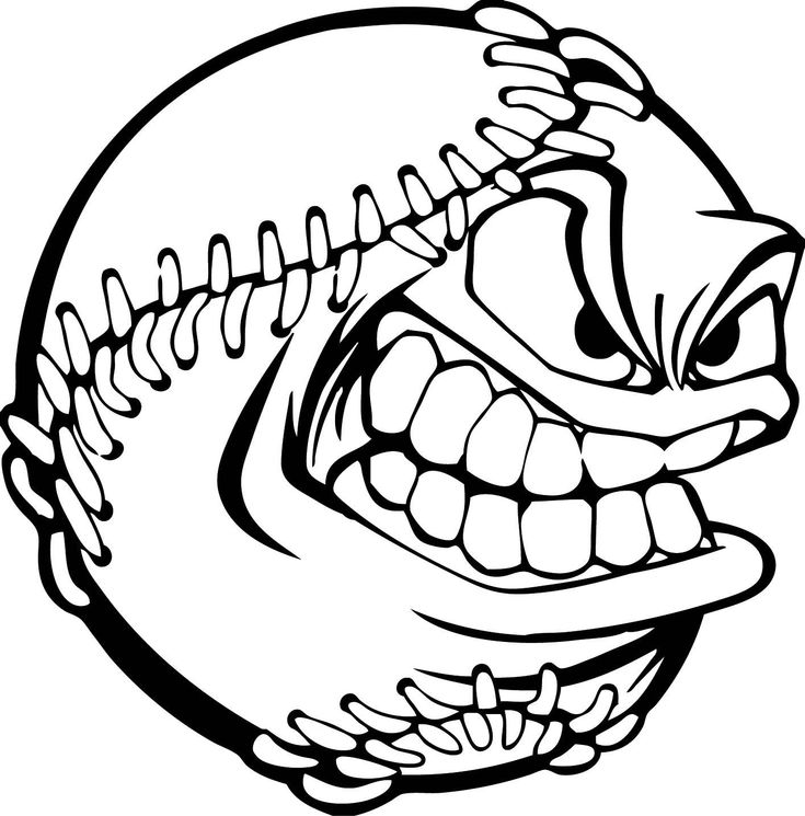 a cartoon baseball ball with teeth and fangs on it's face, outlined in black and white