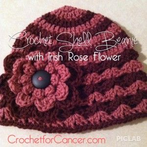 a crocheted hat with a flower on it and the words, crochet shell beanie with irish rose flower