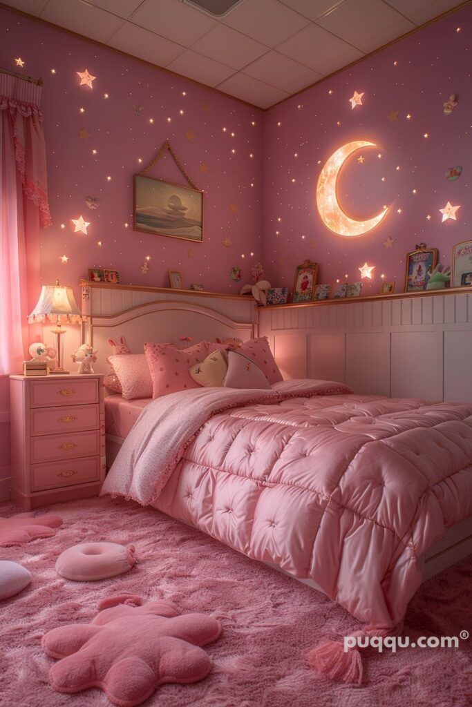 a bedroom decorated in pink with stars and moon decals