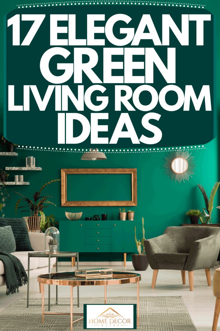 a living room with green walls and furniture in the center, text reads 17 elegant green living room ideas