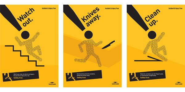 three yellow posters with black and white images on the front, one showing a man running up stairs