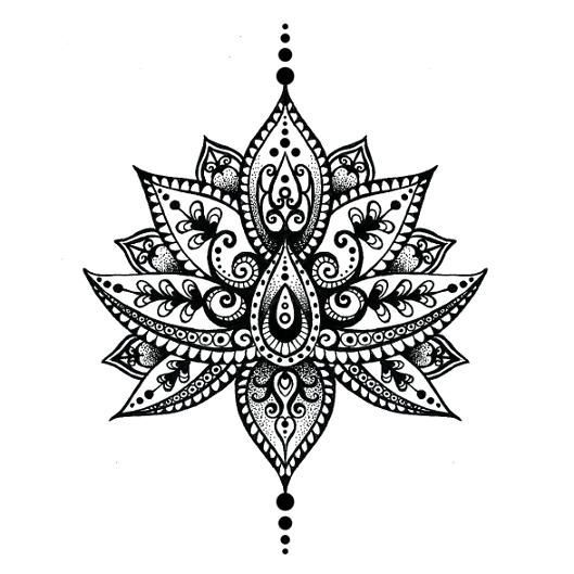 a black and white drawing of a flower with intricate designs on the petals, as well as