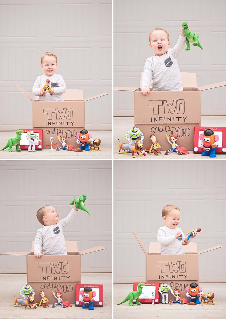 a collage of photos showing a baby playing in a cardboard box with toy dinosaurs