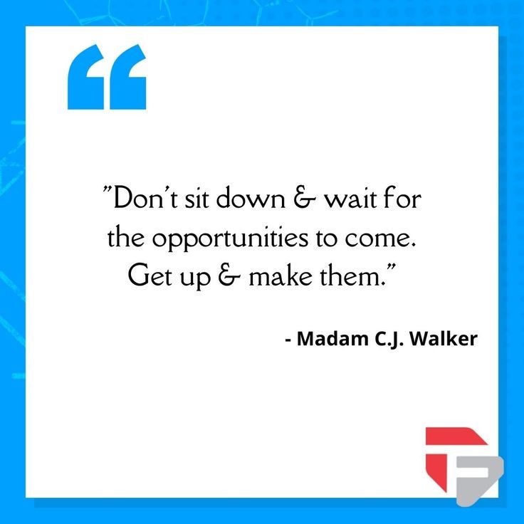 a quote from madam cj walker on the right side of a blue square frame