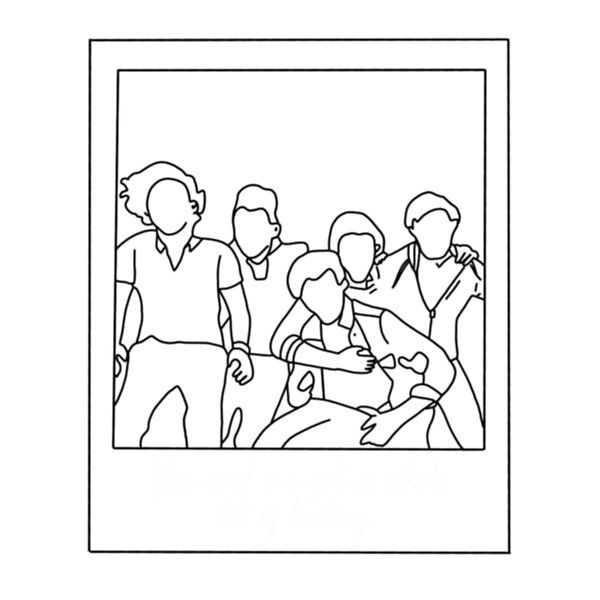 a black and white line drawing of people standing in front of a window with one person holding