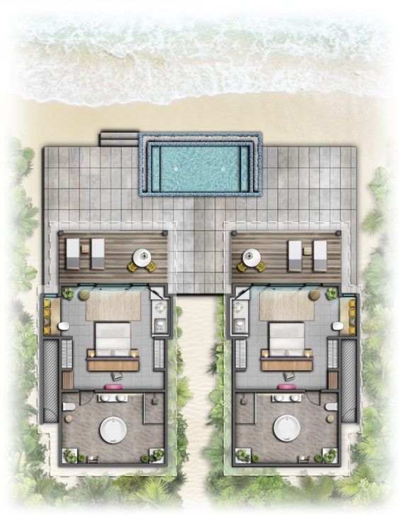 an aerial view of two floor plans for a beach house