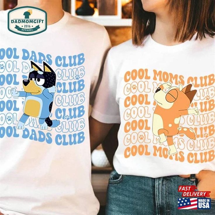 two people standing next to each other wearing t - shirts that say cool dads club and cool dads club