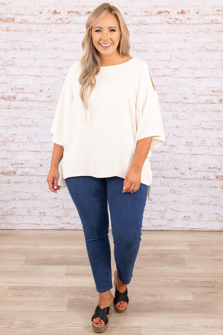 This cute top gives us major island vibes! This top has a solid neutral color you can dress up or down for every occasion! It's comfortable for all-day wear, has a flowy fit, and features the cutest cold shoulder sleeves! Style this top with skinnies and sandals for an easy everyday outfit! 100% Polyester Made In USA. Spring Vacation Cold Shoulder Tops, Casual White Cold Shoulder Top, Casual Flowy Off-shoulder Tops, Cold Shoulder Sleeves, Island Vibes, Toasted Coconut, Everyday Outfit, Cute Top, Neutral Color