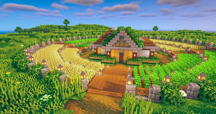 Minecraft Farm Ideas, Farm In Minecraft, Aesthetic Minecraft Builds, Minecraft Barn, Cottage Minecraft, Farm Scenery, Blossom House, Crop Farming, Minecraft Banner Designs