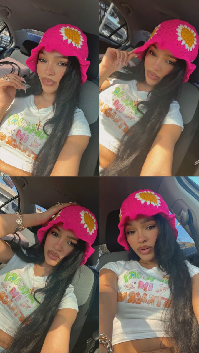 four pictures of a woman with long hair wearing a pink hat and sitting in a car