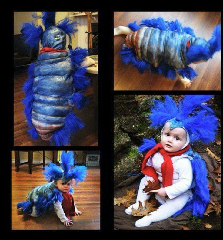 four different pictures of a baby dressed up as a blue monster and wearing a red cape