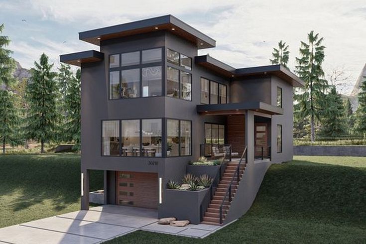 this is a computer rendering of a modern house with stairs leading up to the second floor