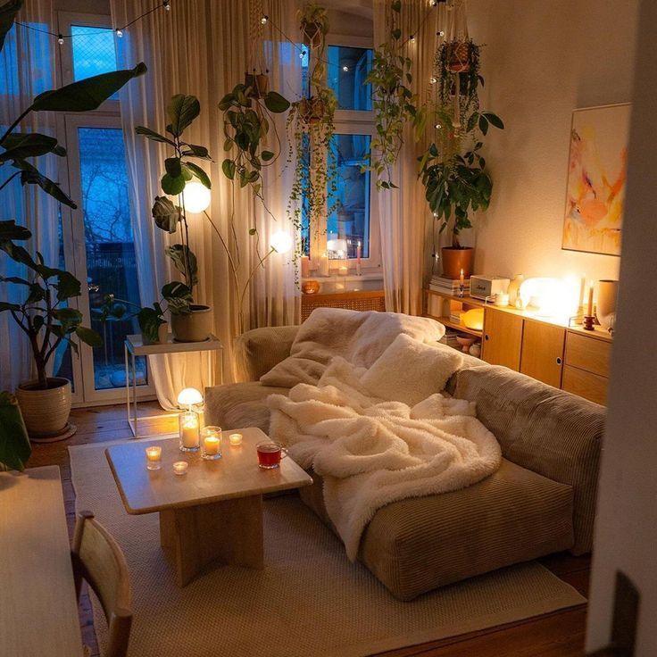 a living room filled with lots of furniture and candles on top of it's coffee table