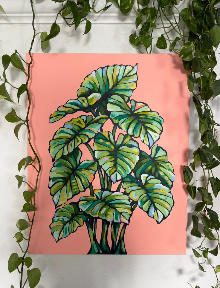 a painting of a plant on a pink background with green leaves hanging from it's sides