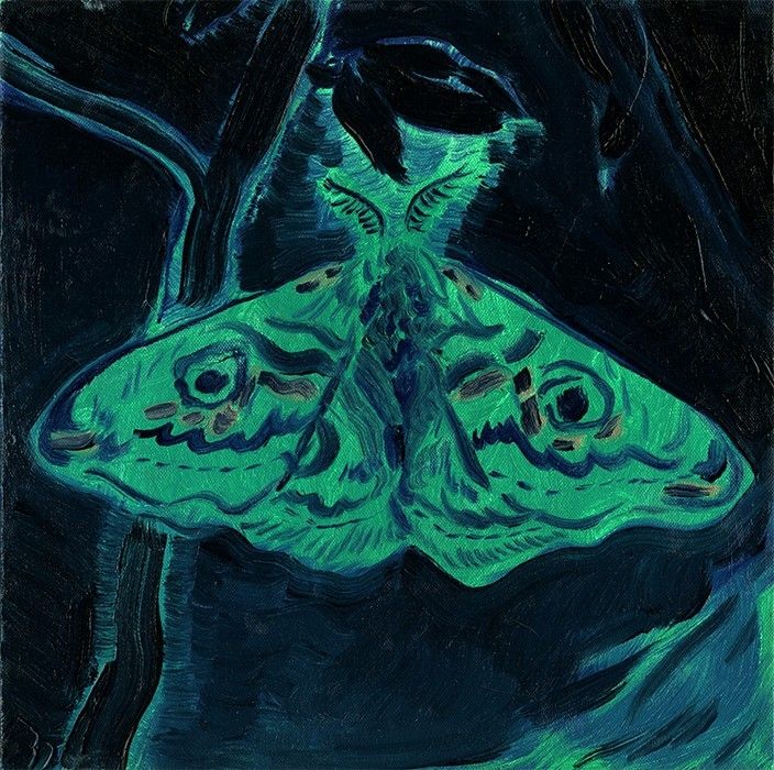 a painting of a butterfly with green and black colors on it's wings, in front of a dark background