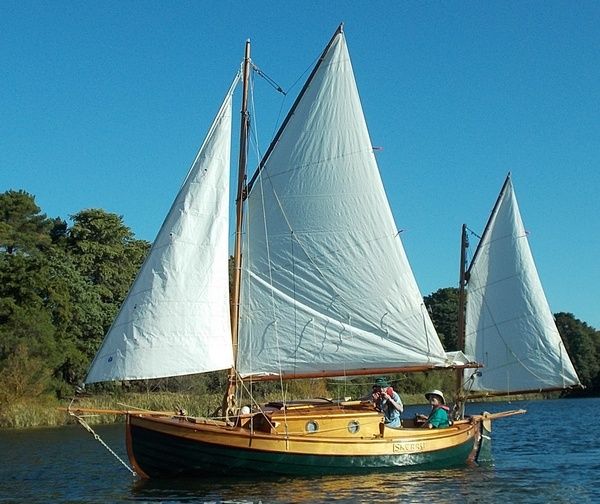 two sailboats on the water with trees in the background