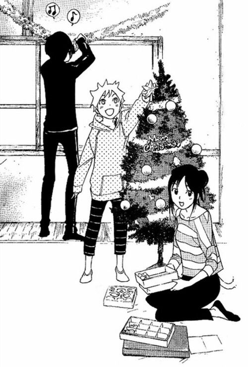 a black and white drawing of two people near a christmas tree