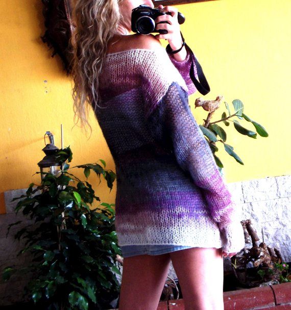 Hand Knitted Mohair Loose Fit Sweater, See Through Boho Punk Pullover with Extra Long Sleeves,  Smokey Grey and Purple  #gothsweater #punkmohairtop #rockpunk #purpleoutfit Purple Chunky Knit Long Sleeve Sweater, Purple Knitted Long Sleeve Sweater, Purple Knitted Long Sleeve Top, Oversized Purple Knitted Sweater, Oversized Purple Knit Sweater, Purple Chunky Knit Sweater For Winter, Winter Purple Chunky Knit Sweater, Purple Bohemian Long Sleeve Sweater, Purple Long Sleeve Bohemian Sweater