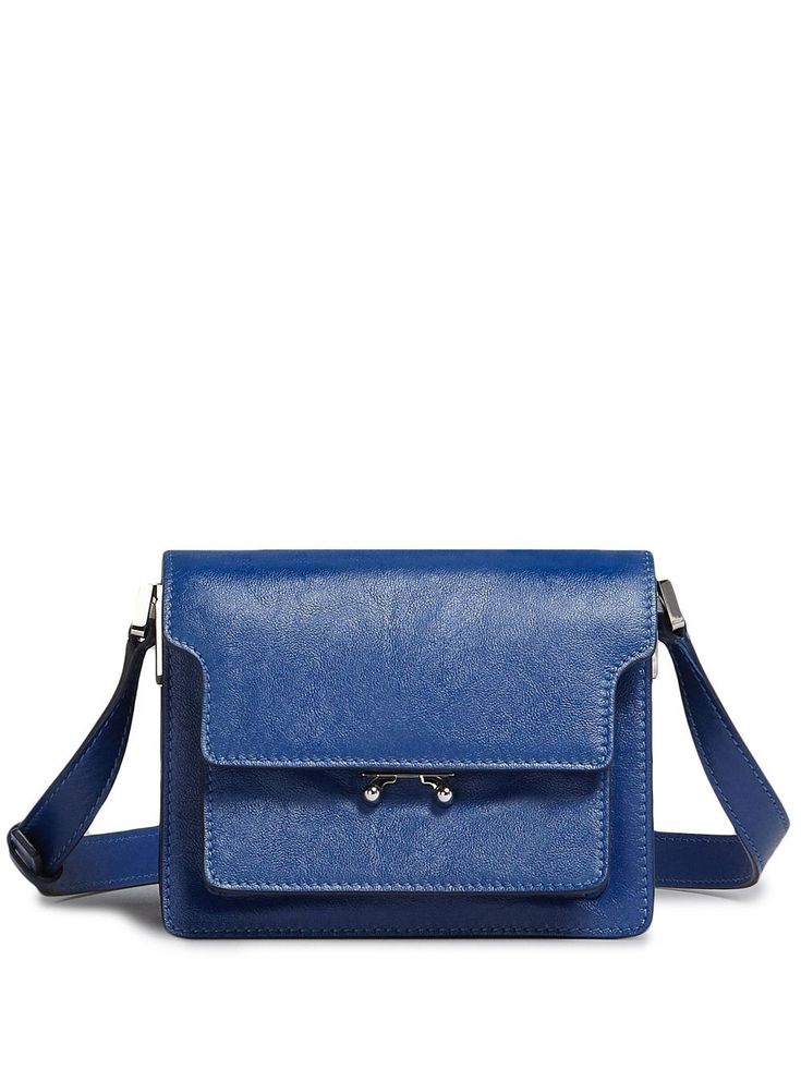 blue calf leather foldover top front clasp fastening multiple internal slip pockets internal zip-fastening pocket adjustable detachable shoulder strap Blue Office Bag With Turn-lock Closure, Blue Satchel Shoulder Bag With Palladium Hardware, Blue Satchel With Palladium Hardware, Blue Calf Leather Bag With Detachable Strap, Blue Calf Leather Shoulder Bag For Evening, Blue Leather Flap Bag, Designer Blue Flap Bag With Removable Pouch, Blue Calf Leather Shoulder Bag With Detachable Strap, Blue Leather Shoulder Bag With Palladium Hardware