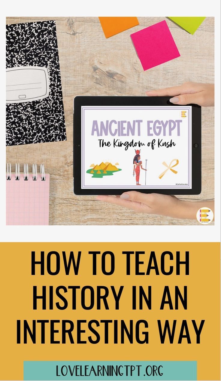 the text how to teach history in an interesting way is shown on top of a tablet