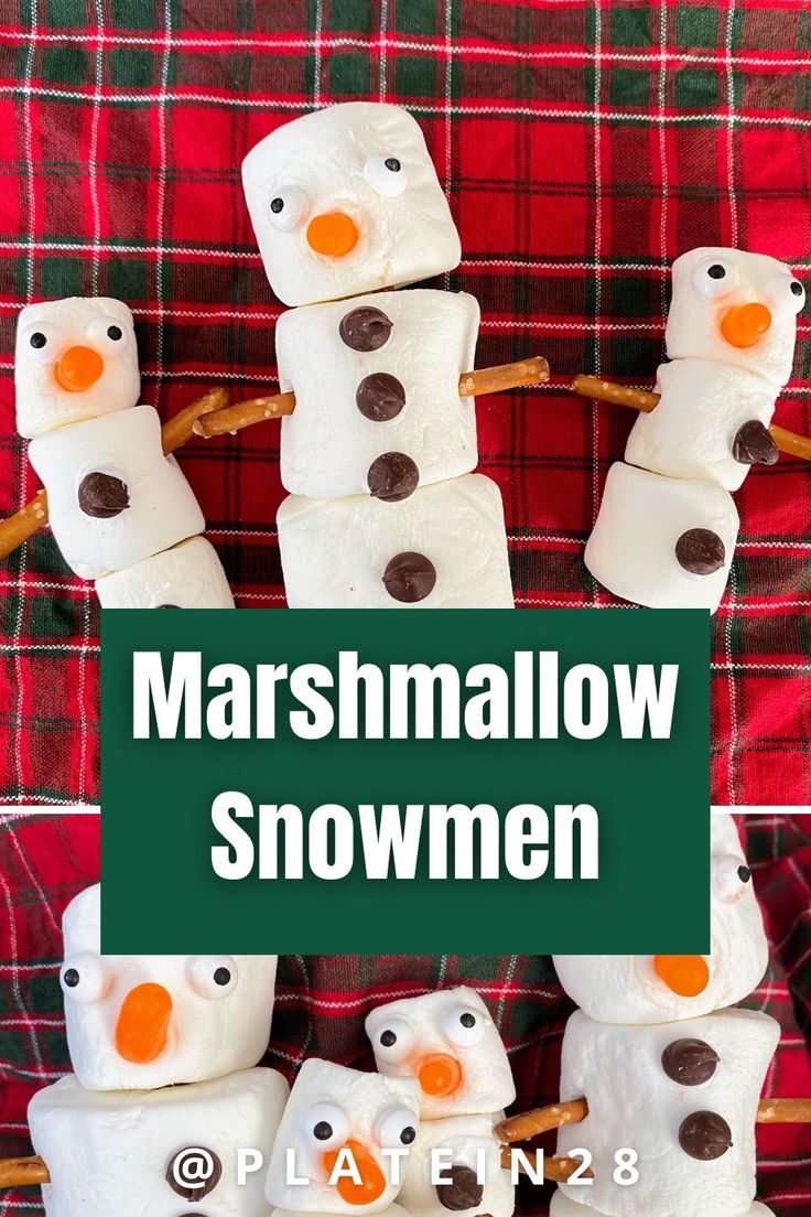 marshmallow snowmen made out of marshmallows on a plaid blanket