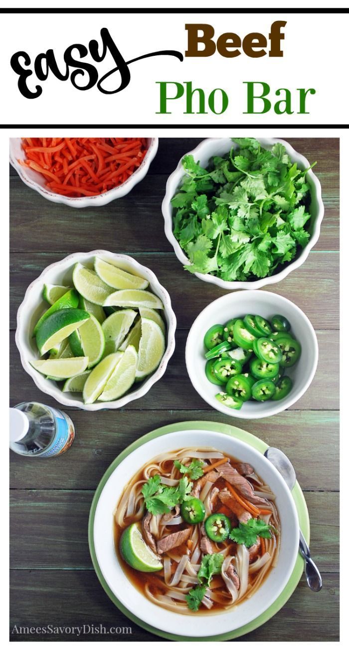 an easy beef pho bar recipe with broccoli, peppers and carrots