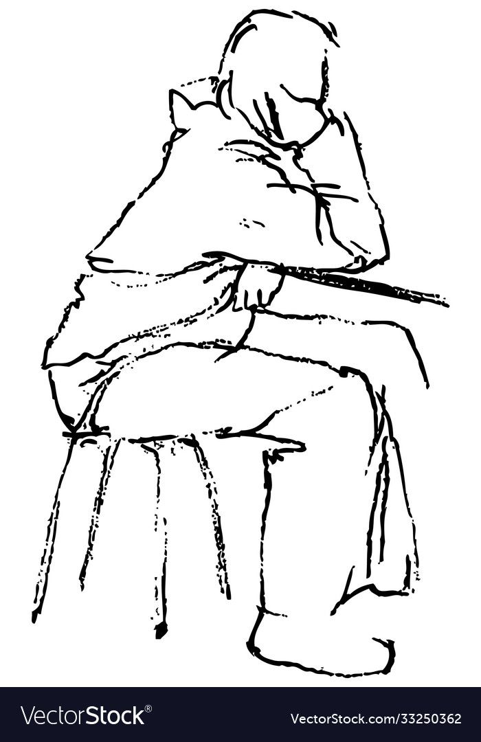 a black and white drawing of a person sitting on a stool